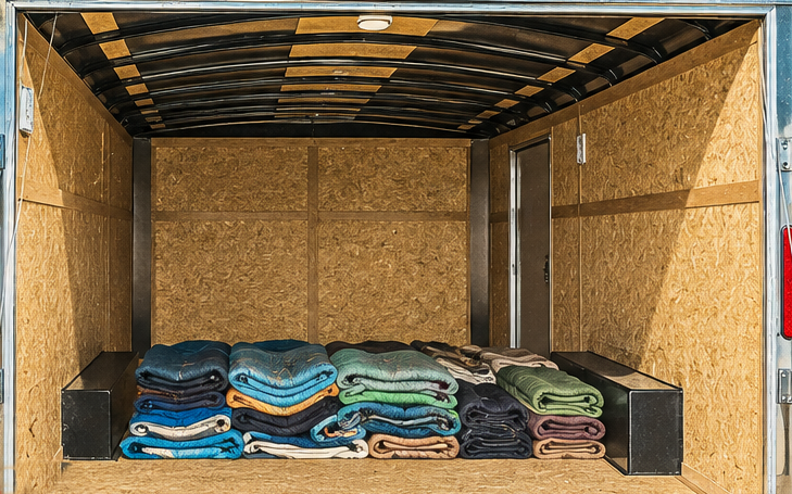 Stacks of folded moving blankets in a variety of colors inside an enclosed trailer